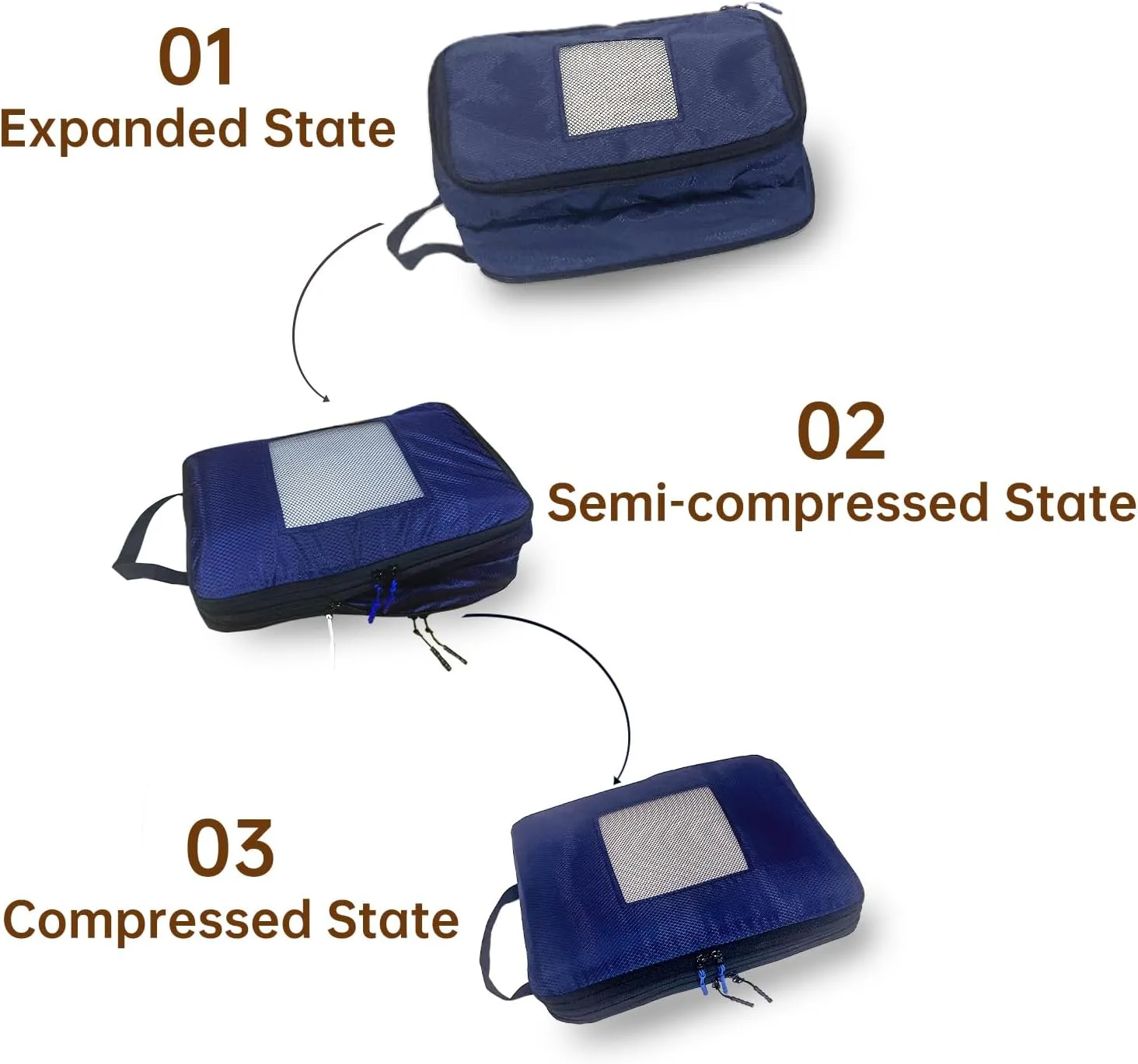 Compression Packing Cubes 2/3/4 sets, Large Travel Packing organizers for Carry on Luggage, 2 Sides Expandable Storage Bags for Backpacking, Suitcases (NavyBlue, Pack 4)