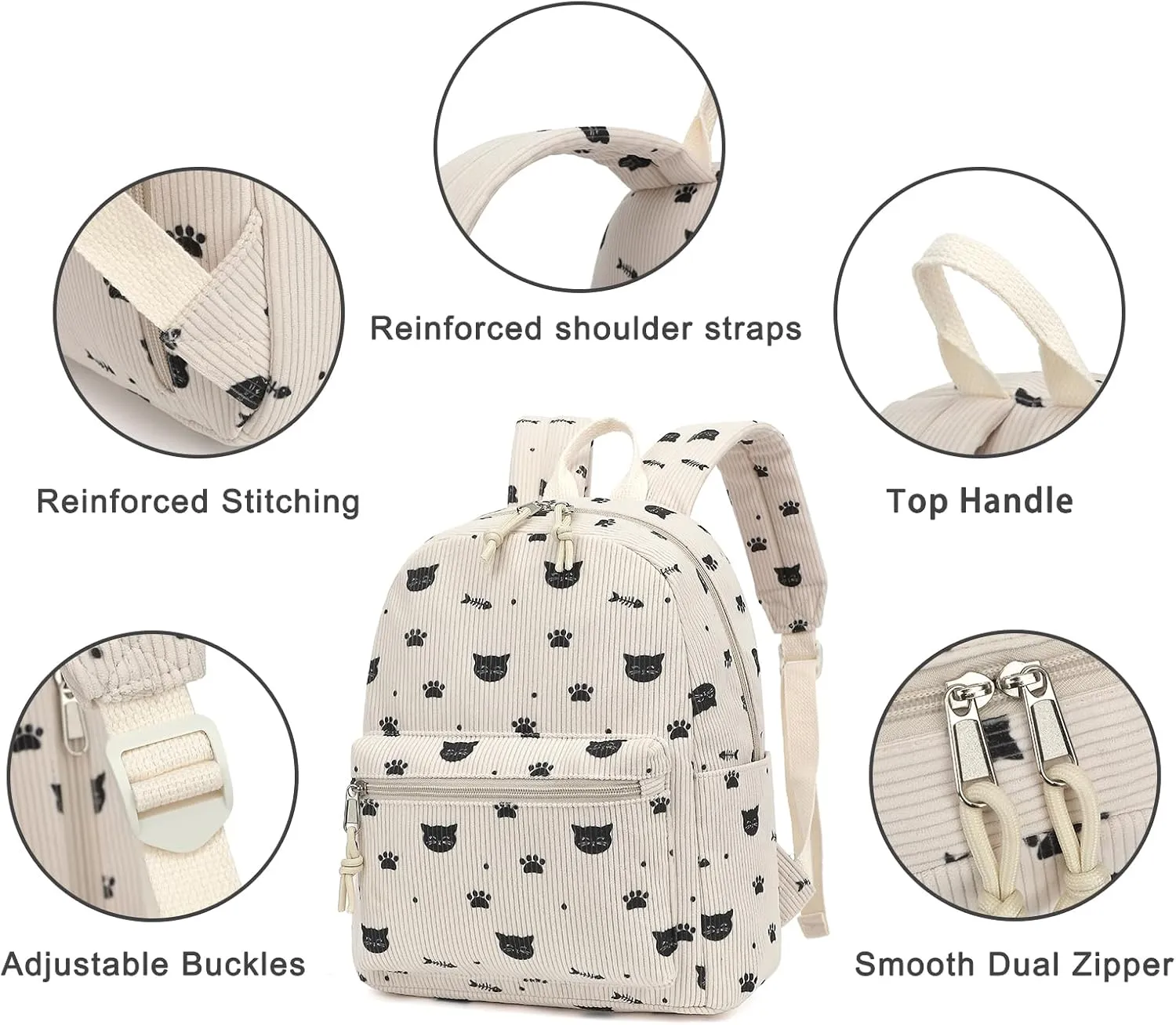 Corduroy Mini Backpack Purse for Women Girls, Fashion Small Backpack for Adults Teens Kids School Travel (Cat)