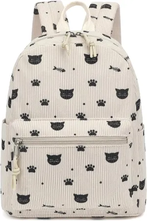 Corduroy Mini Backpack Purse for Women Girls, Fashion Small Backpack for Adults Teens Kids School Travel (Cat)