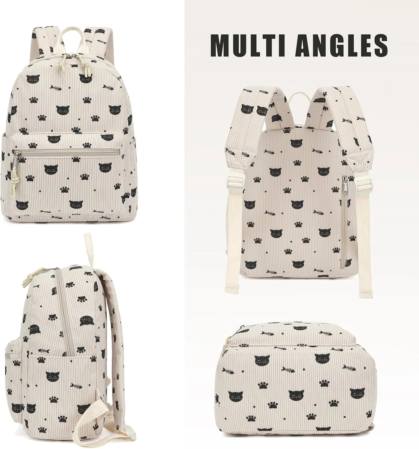 Corduroy Mini Backpack Purse for Women Girls, Fashion Small Backpack for Adults Teens Kids School Travel (Cat)