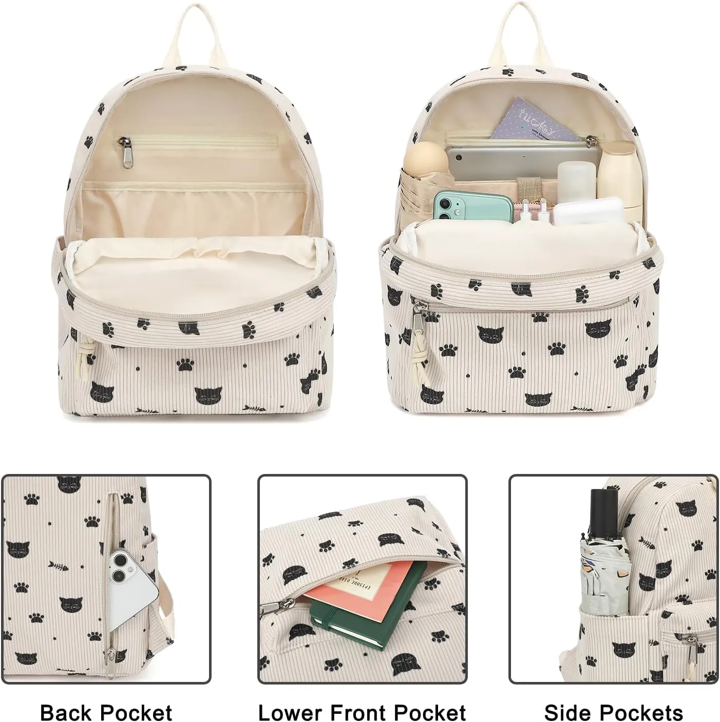 Corduroy Mini Backpack Purse for Women Girls, Fashion Small Backpack for Adults Teens Kids School Travel (Cat)