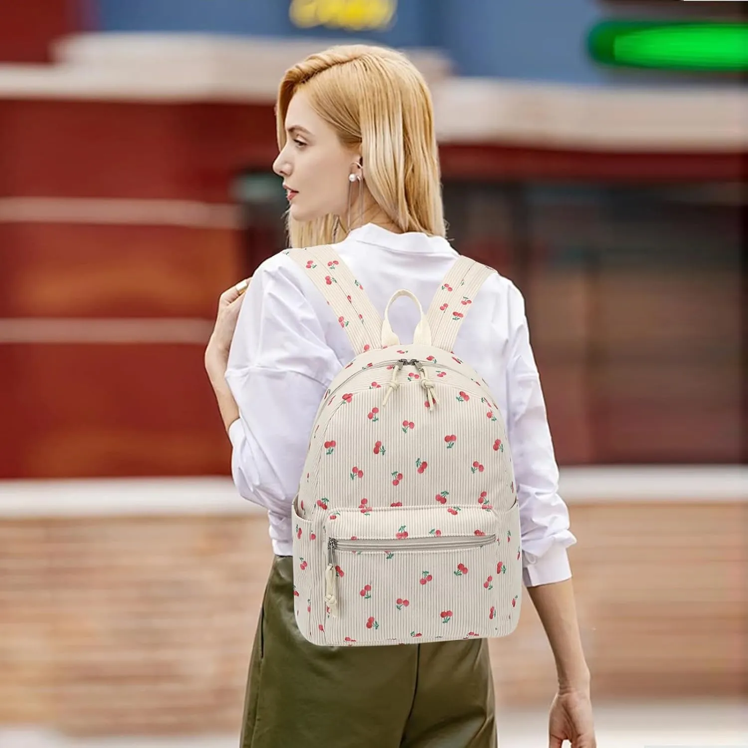 Corduroy Mini Backpack Purse for Women Girls, Fashion Small Backpack for Adults Teens Kids School Travel (Cherry)
