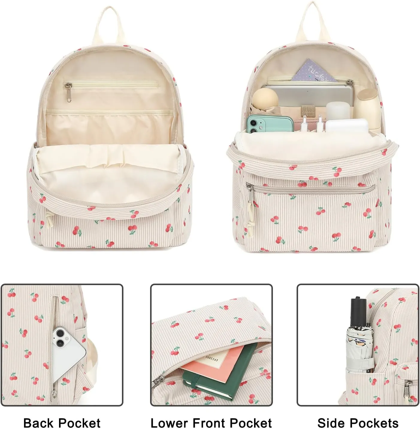 Corduroy Mini Backpack Purse for Women Girls, Fashion Small Backpack for Adults Teens Kids School Travel (Cherry)