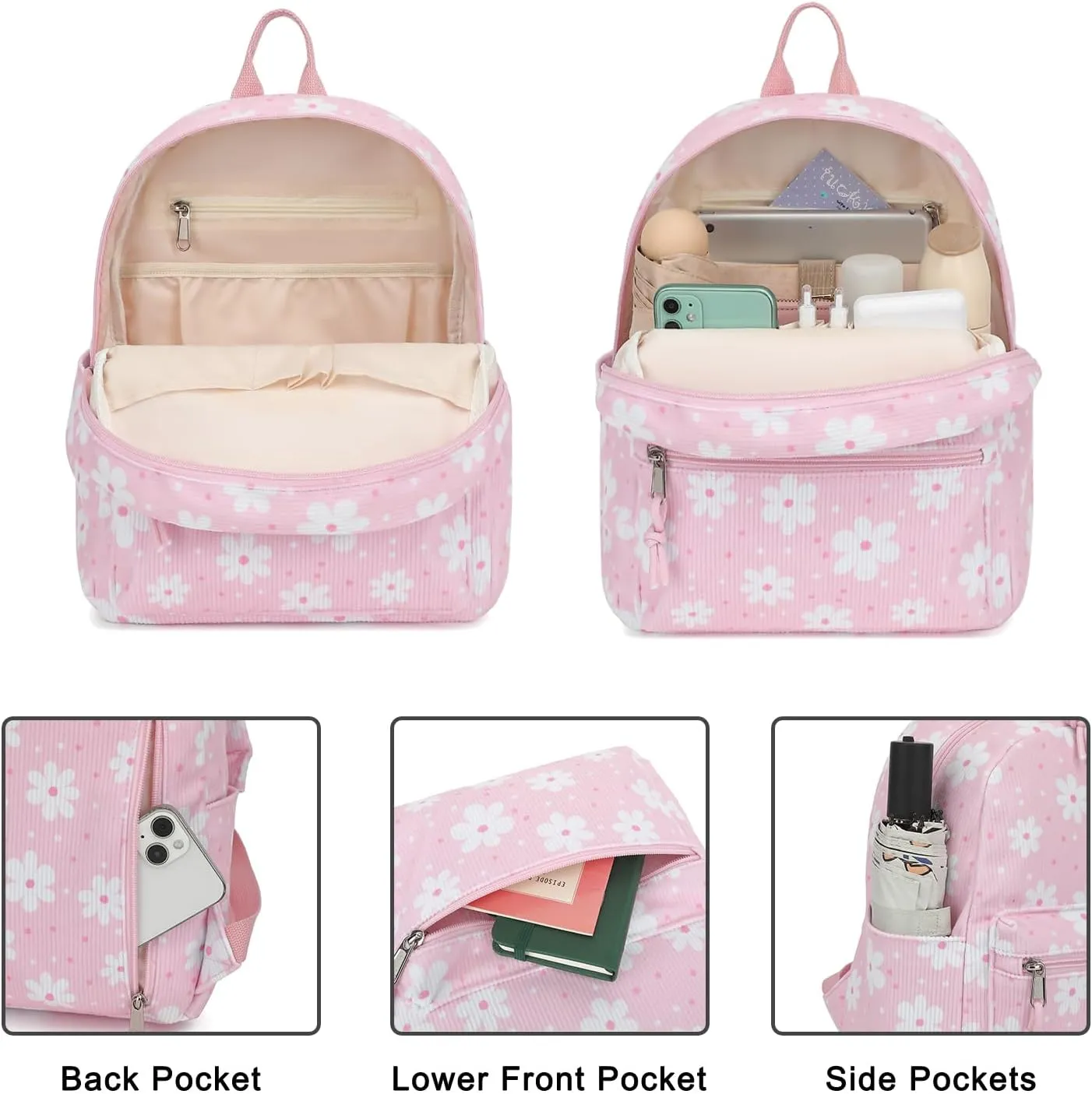 Corduroy Mini Backpack Purse for Women Girls, Fashion Small Backpack for Adults Teens Kids School Travel (Daisy Pink)