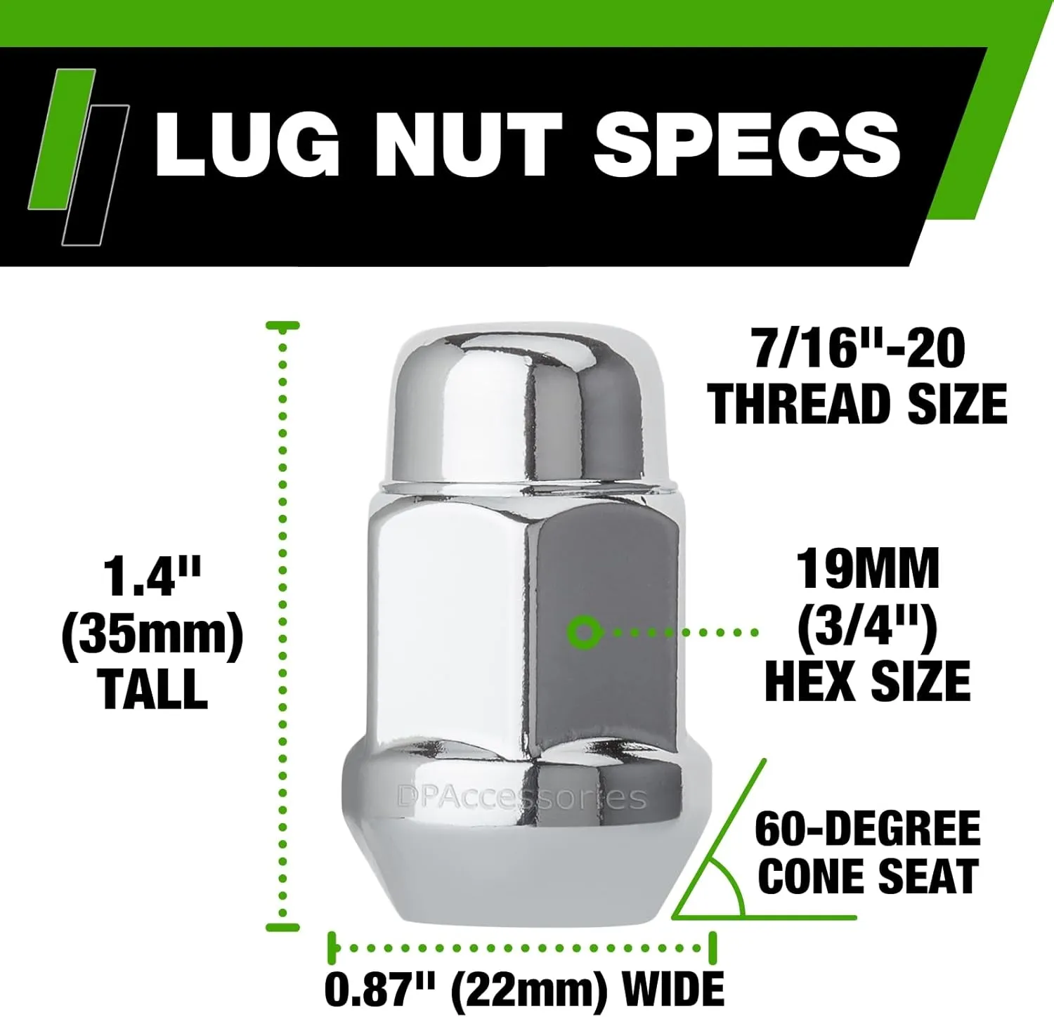 DPAccessories Chrome 7/16-20 Lug Nuts | Closed End Bulge Acorn | 36mm (1.4") Tall | 19mm (3/4") Hex | Set of 24 | D3111-HT-2305/24