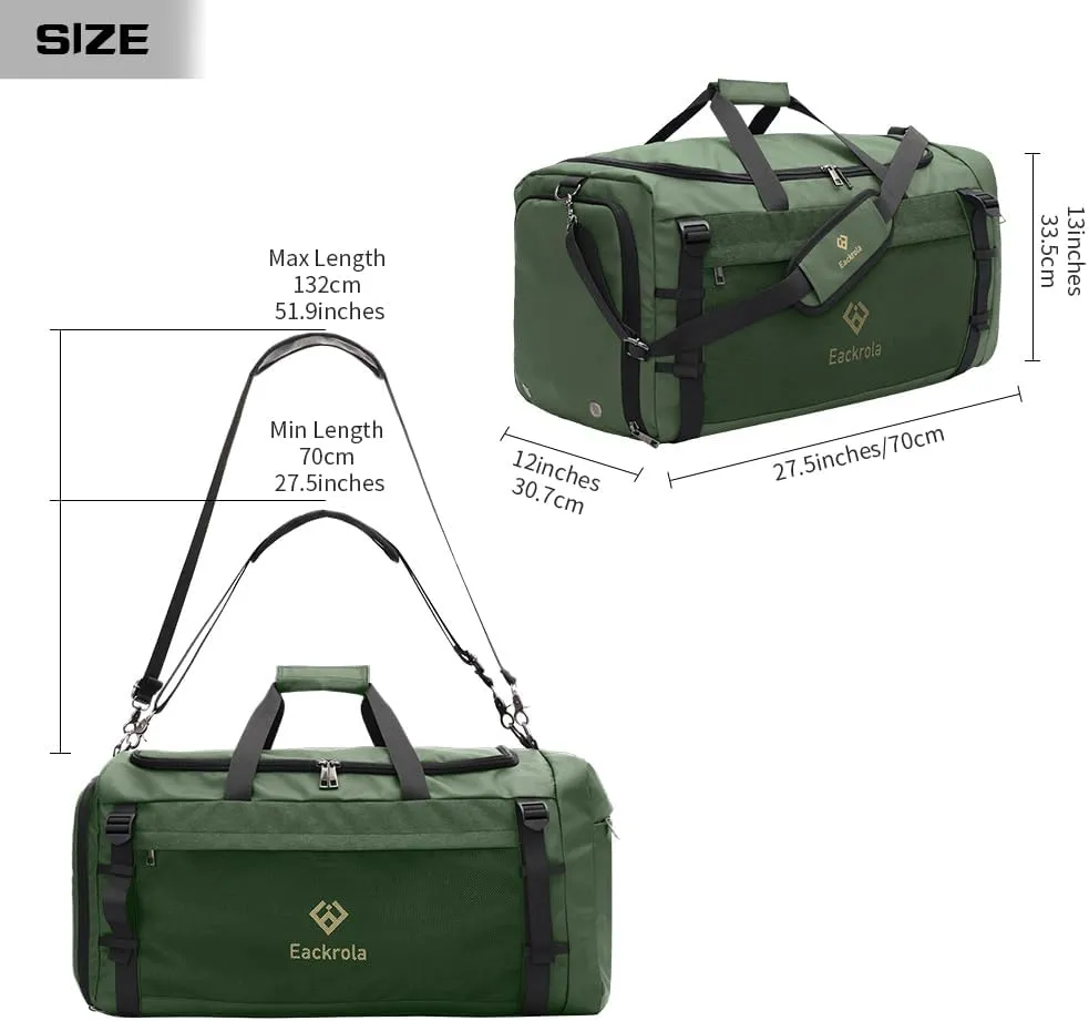 Eackrola Extra Large Sports Gym Bag, Travel Duffel bag with Wet Pocket & Shoes Compartment for men women, 85L, Lightweight Green