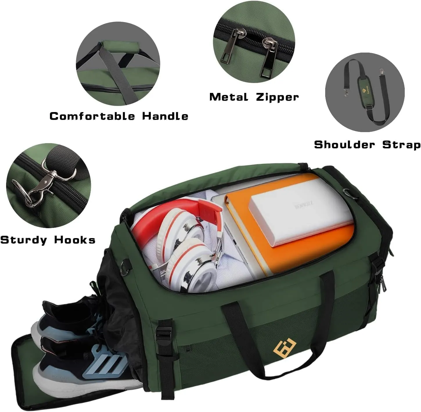 Eackrola Extra Large Sports Gym Bag, Travel Duffel bag with Wet Pocket & Shoes Compartment for men women, 85L, Lightweight Green