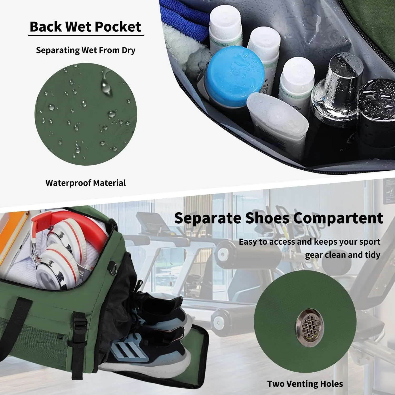 Eackrola Extra Large Sports Gym Bag, Travel Duffel bag with Wet Pocket & Shoes Compartment for men women, 85L, Lightweight Green