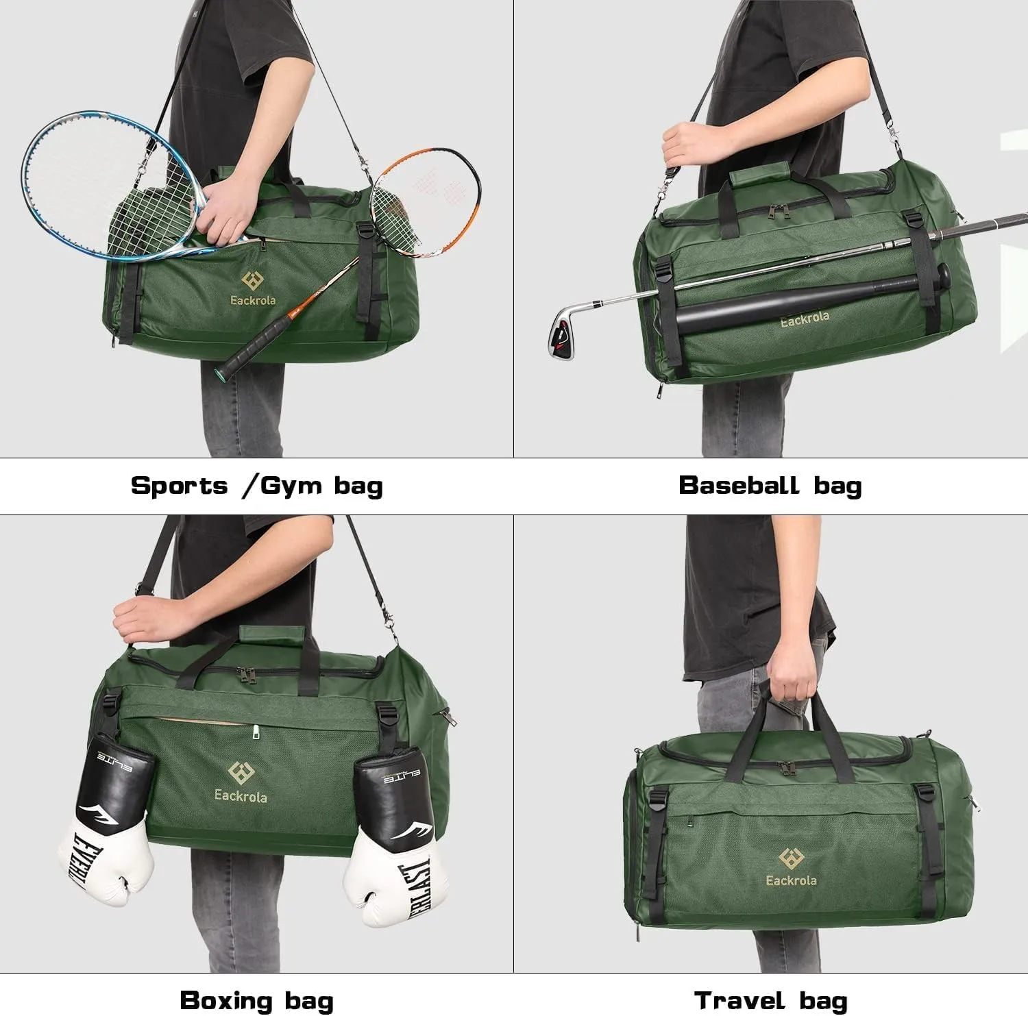 Eackrola Extra Large Sports Gym Bag, Travel Duffel bag with Wet Pocket & Shoes Compartment for men women, 85L, Lightweight Green
