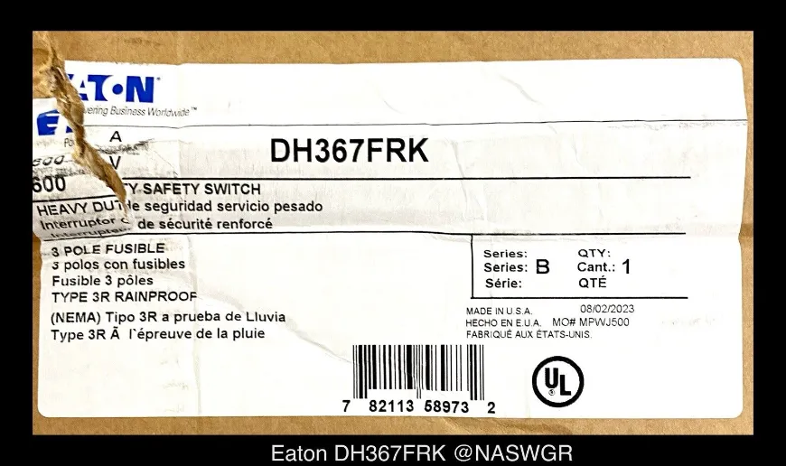 Eaton DH367FRK Heavy Duty Safety Switch - 800A/600V/3P/N3R - Unused