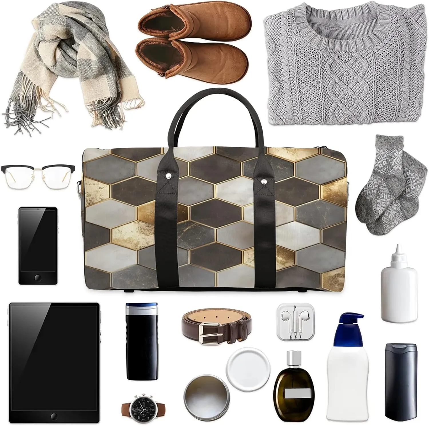 Geometric Duffle Bag for Travel, Overnight Weekend Gym Carry On Luggage Bag, Gold Travel Duffel Bag for Men Women