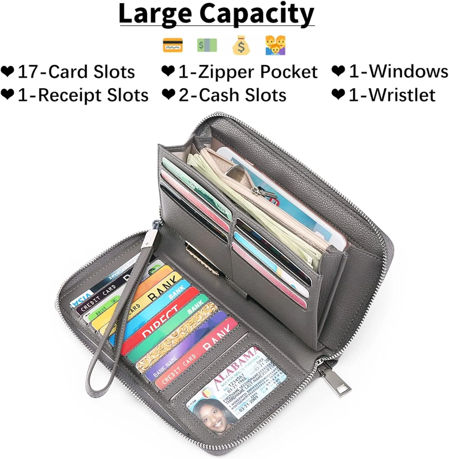 GOIACII Womens Wallet RFID Blocking Leather Zip Around Wallet Large Capacity Long Purse Credit Card Clutch Wristlet