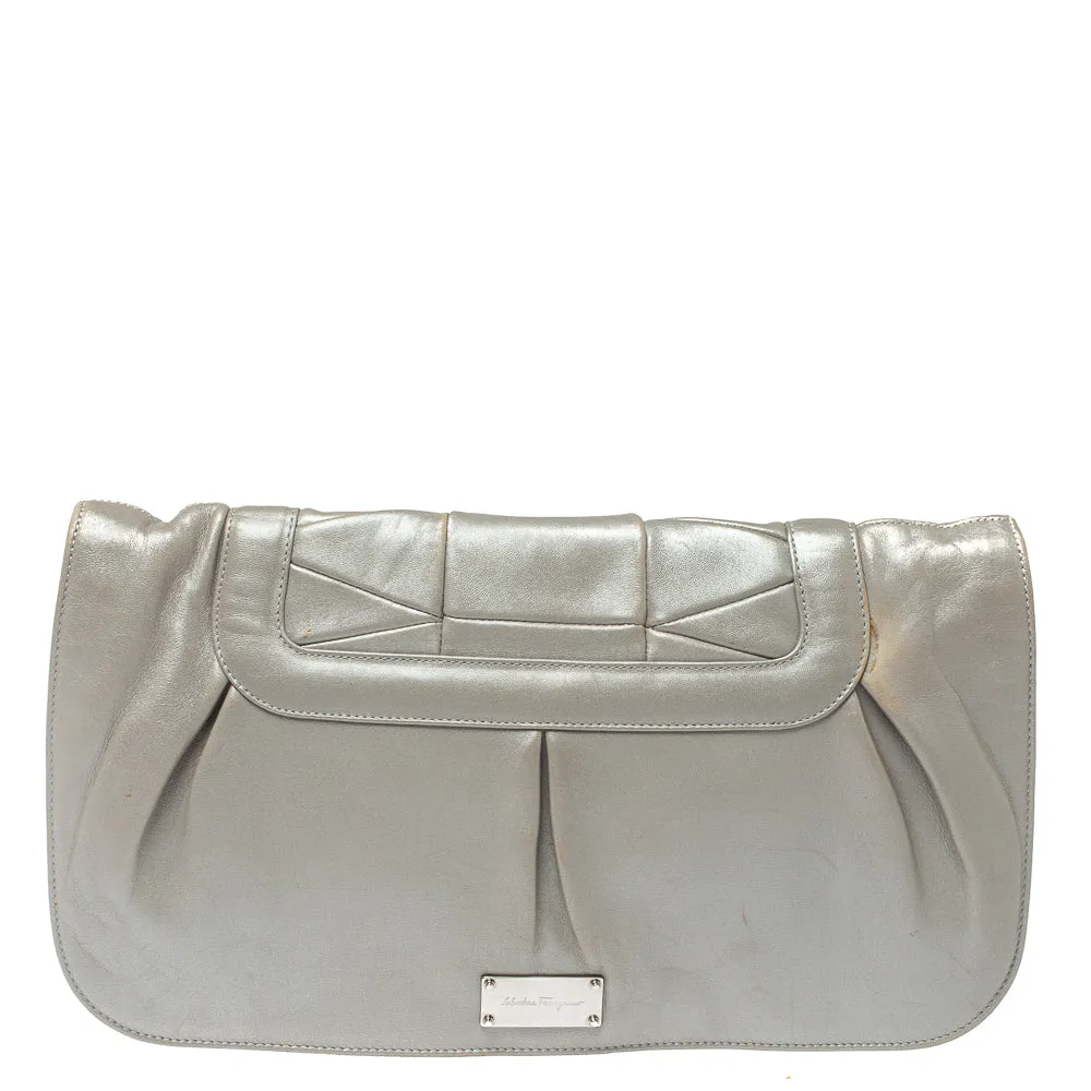 Grey Pleated Leather Oversized Clutch