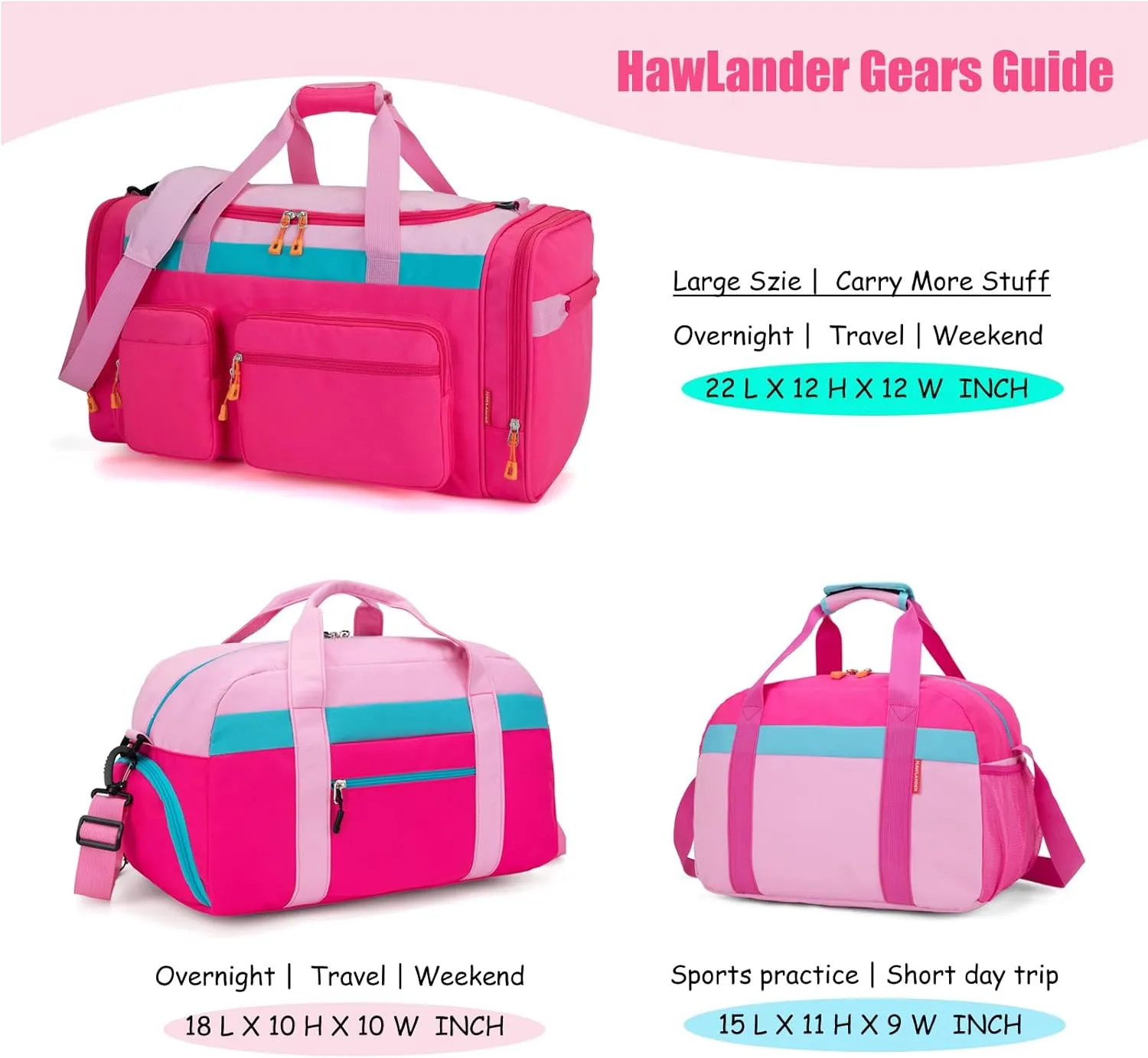 HawLander Small Duffle Bag for Kids Boys or Girls, Travel Bag for One Day Trip (Pink Rose)
