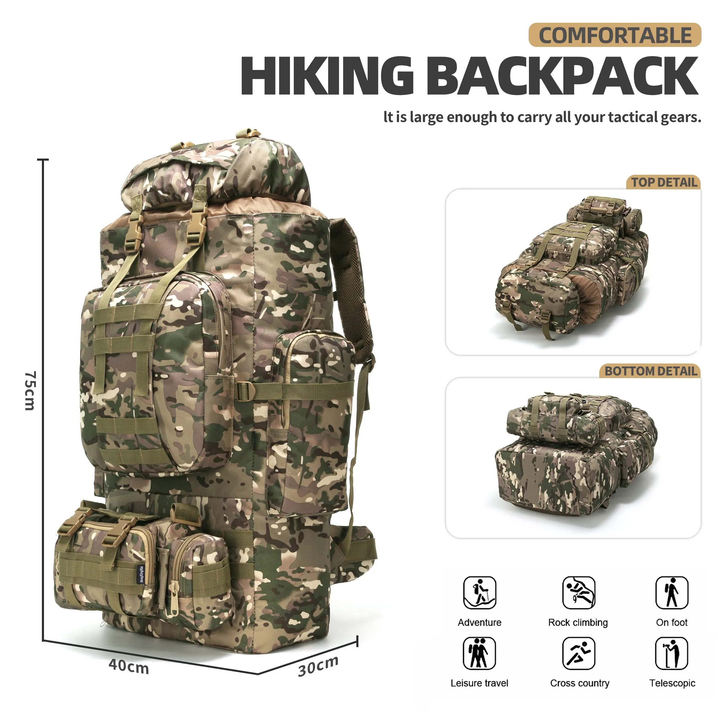 HongXingHai 100L Camping Hiking Backpack,Molle military Tactical rucksack backpack,Waterproof Lightweight Hiking Backpack (CP Camo)
