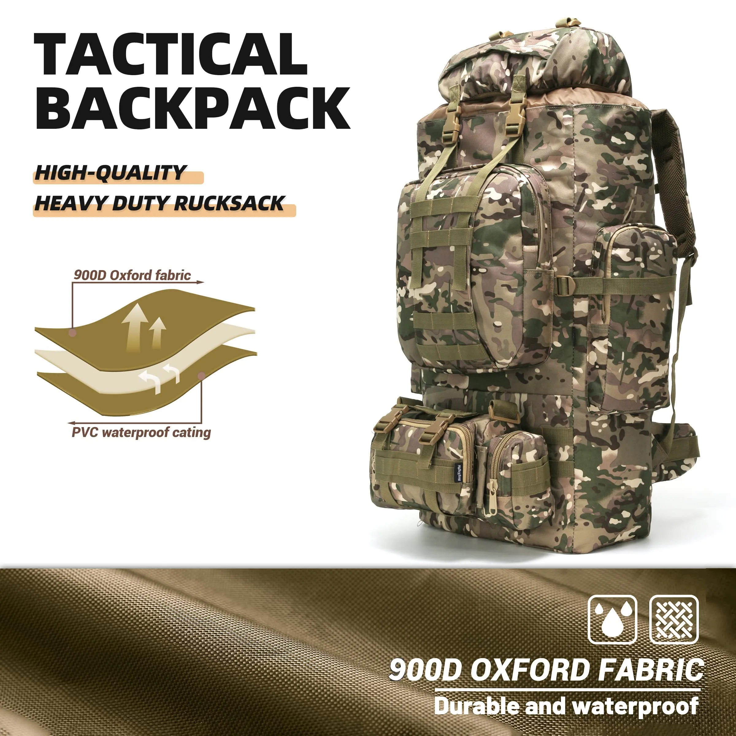 HongXingHai 100L Camping Hiking Backpack,Molle military Tactical rucksack backpack,Waterproof Lightweight Hiking Backpack (CP Camo)