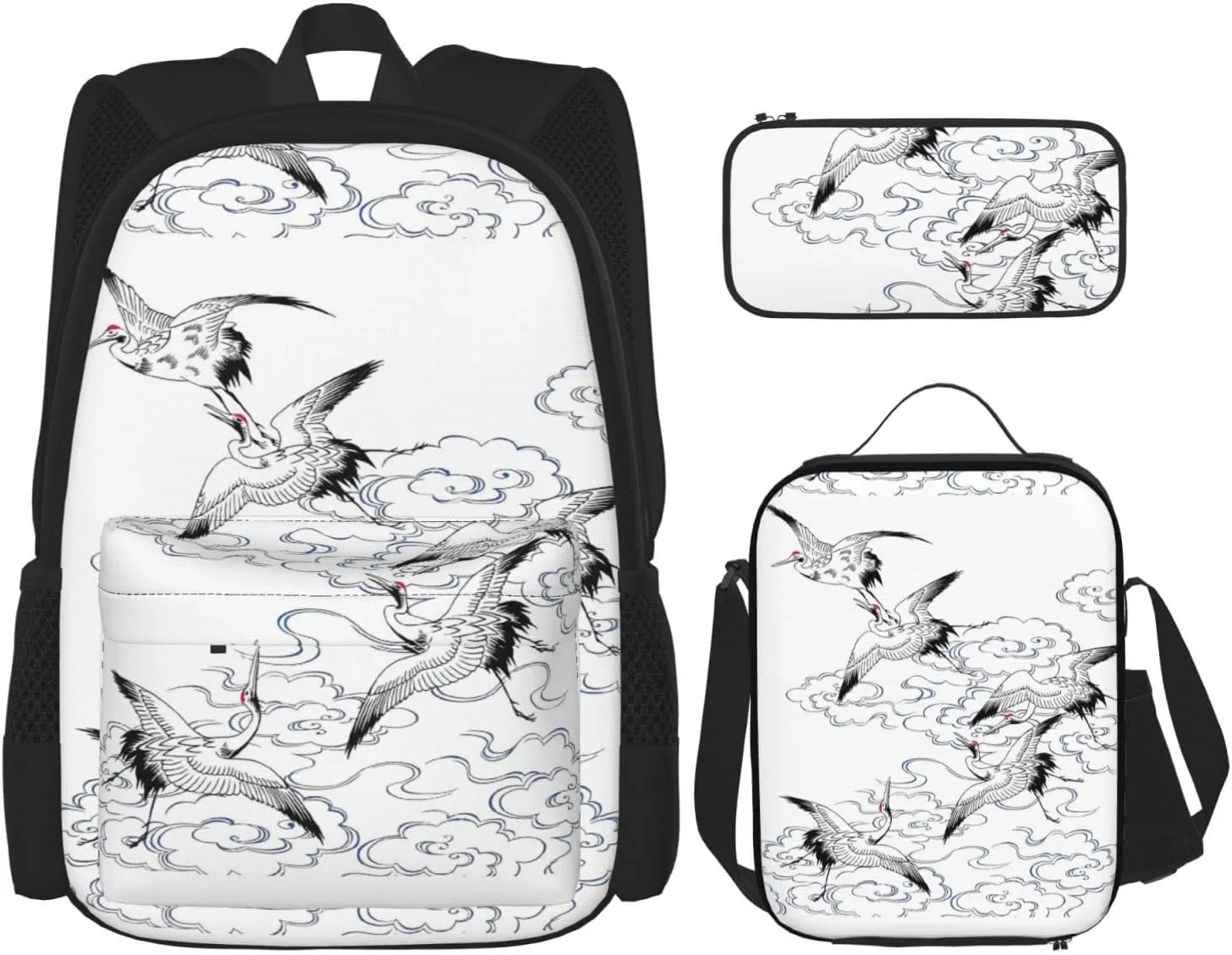 Japanese Crane print 3-Piece Casual Backpack Set (Backpack   Waist Bag   Small Pouch), Unisex Daypack