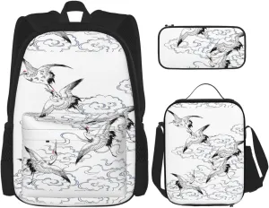 Japanese Crane print 3-Piece Casual Backpack Set (Backpack   Waist Bag   Small Pouch), Unisex Daypack
