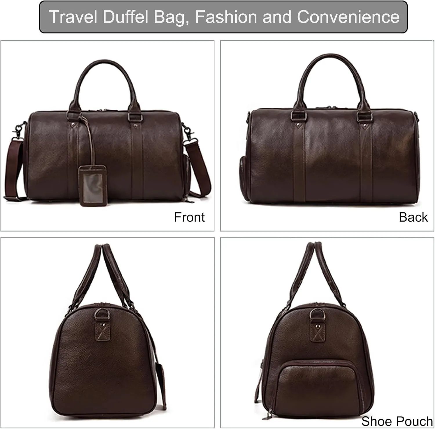 Leather Travel Bag for Men Large Capacity Luggage Duffel Bag with Shoe Compartment, Weekend Handbag for Holiday Business Trip 45cm, Brown