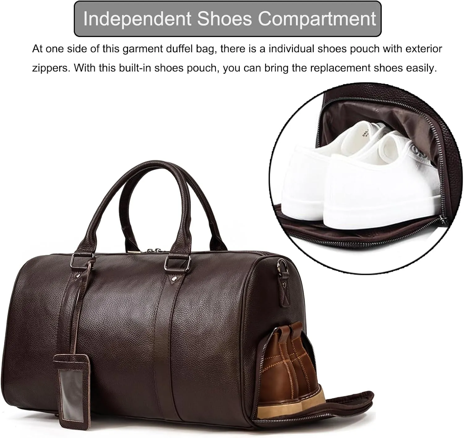 Leather Travel Bag for Men Large Capacity Luggage Duffel Bag with Shoe Compartment, Weekend Handbag for Holiday Business Trip 45cm, Brown