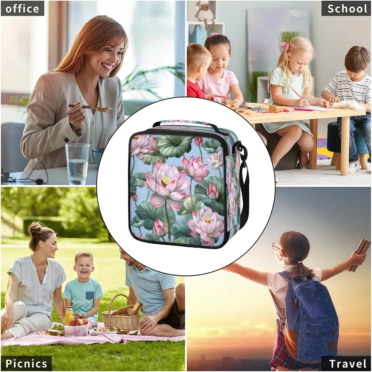 Lotus Flower Reusable Lunch Bag Lunch box for Women Adults, Summer Pond Leakproof Portable Lunch Tote for Work/Travel/Outdoor