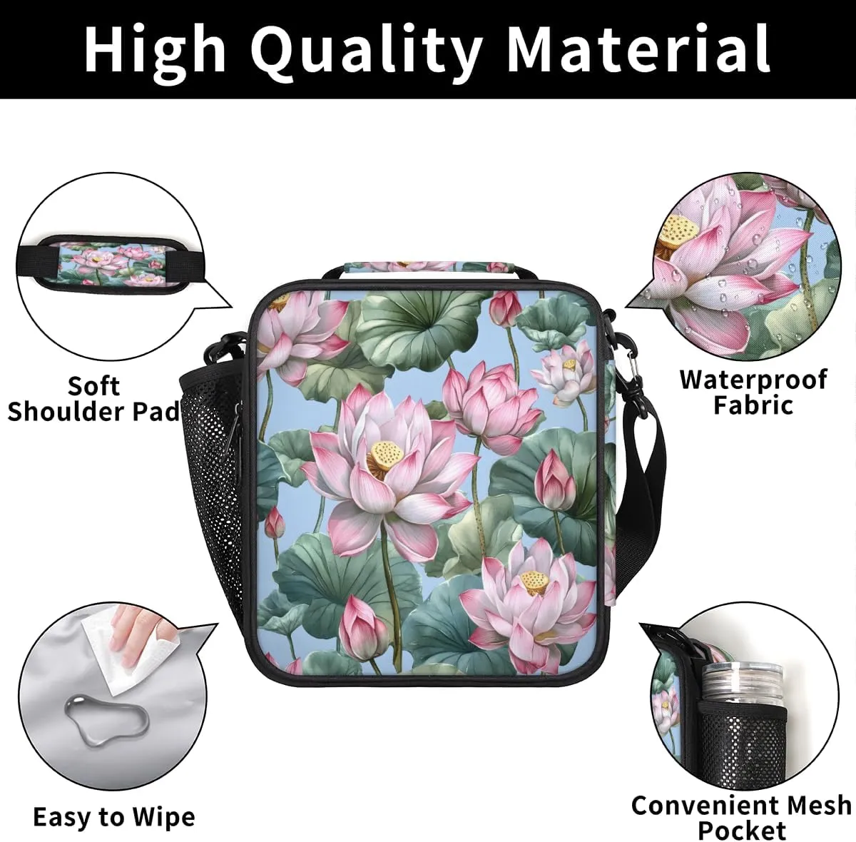 Lotus Flower Reusable Lunch Bag Lunch box for Women Adults, Summer Pond Leakproof Portable Lunch Tote for Work/Travel/Outdoor