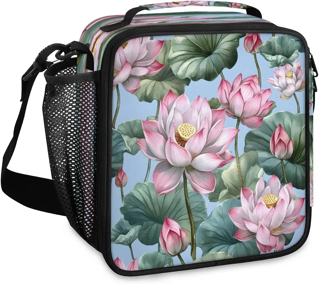 Lotus Flower Reusable Lunch Bag Lunch box for Women Adults, Summer Pond Leakproof Portable Lunch Tote for Work/Travel/Outdoor