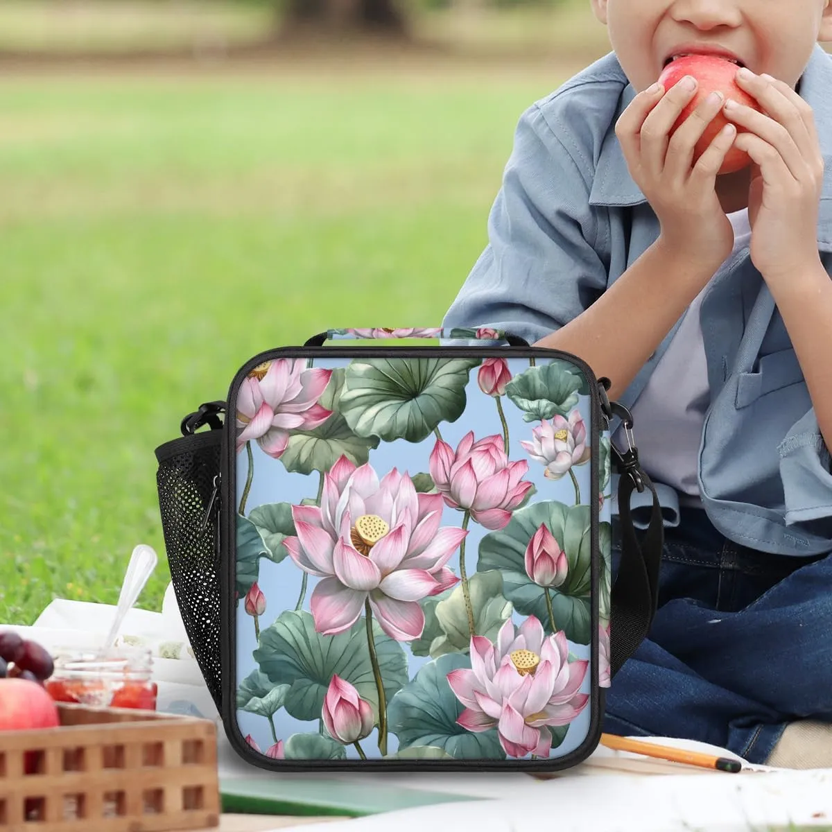 Lotus Flower Reusable Lunch Bag Lunch box for Women Adults, Summer Pond Leakproof Portable Lunch Tote for Work/Travel/Outdoor