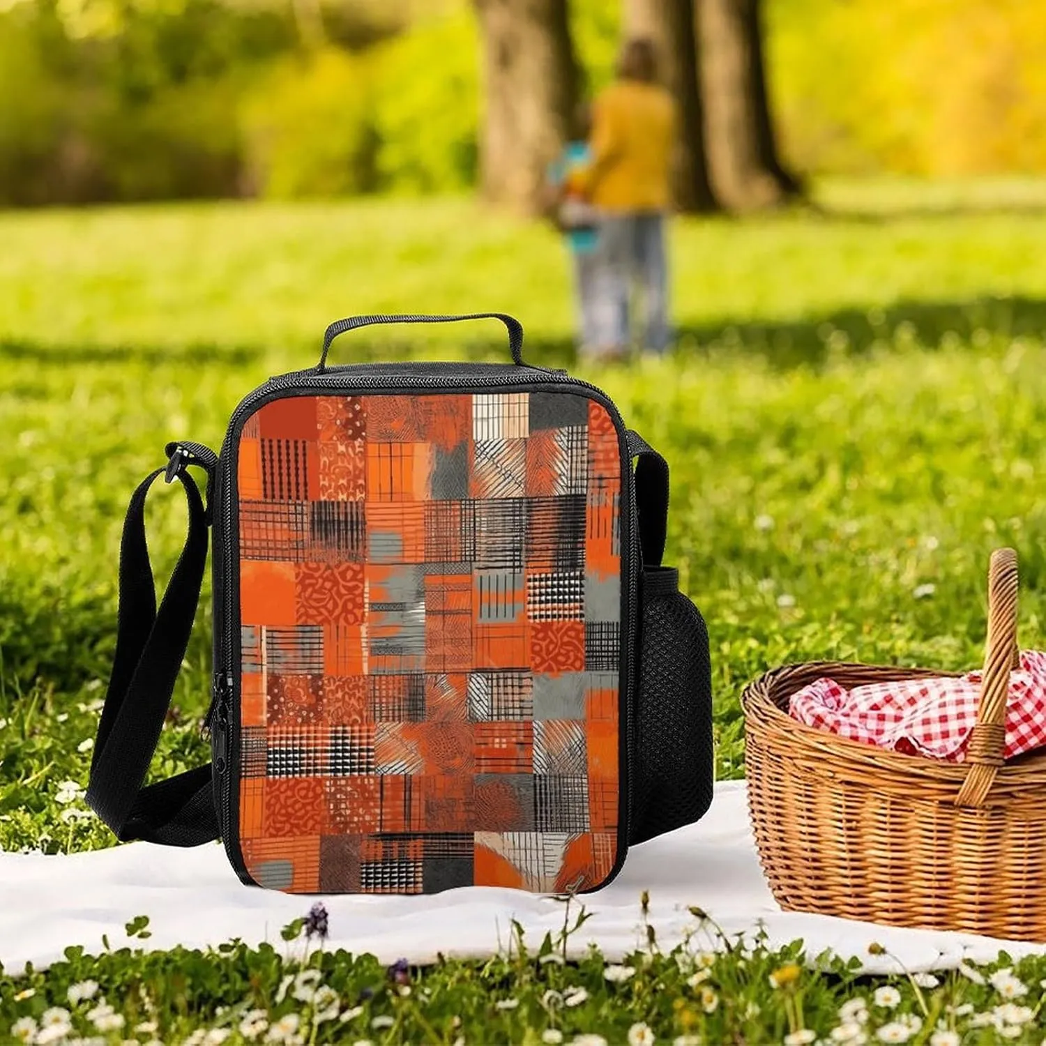 Lunch Bag for Women Men Lunch Box Reusable Orange Grid Lines Lunch Tote Bag Leakproof Lunch Cooler Bag for Work