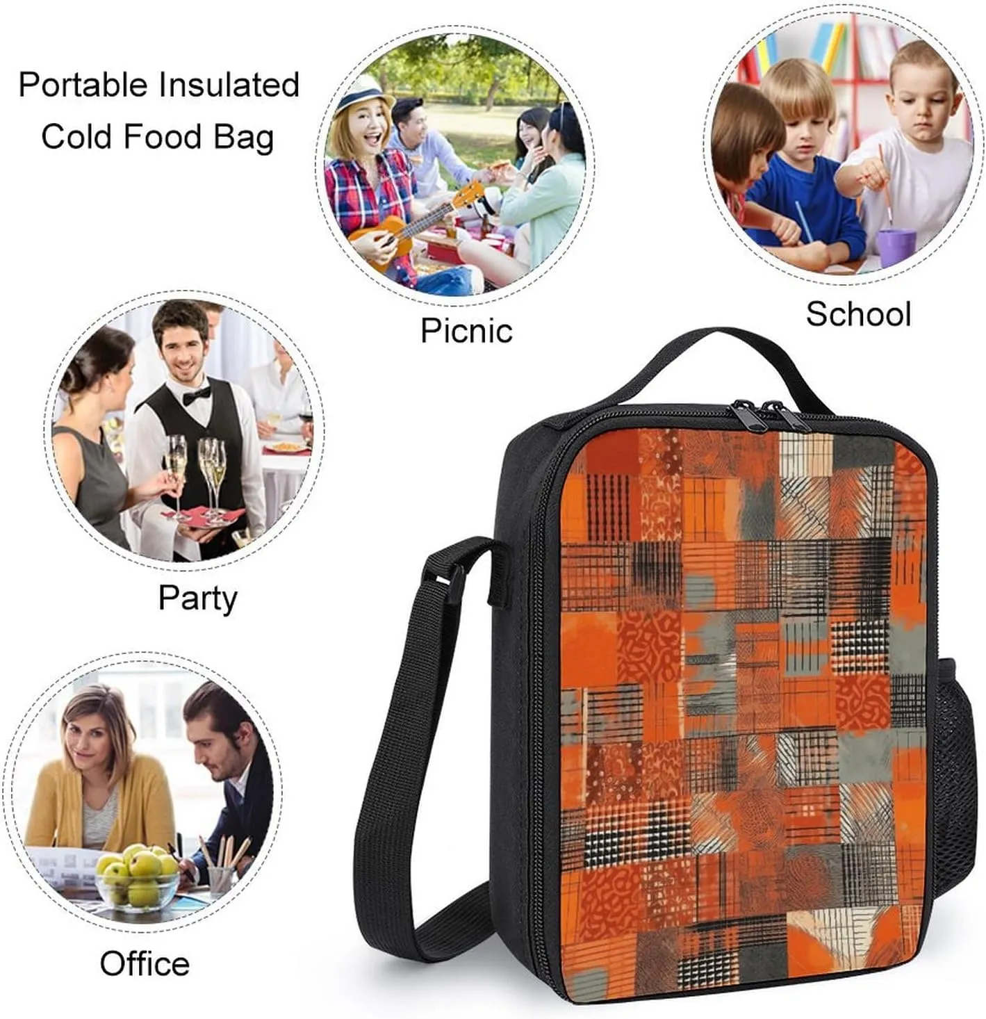 Lunch Bag for Women Men Lunch Box Reusable Orange Grid Lines Lunch Tote Bag Leakproof Lunch Cooler Bag for Work