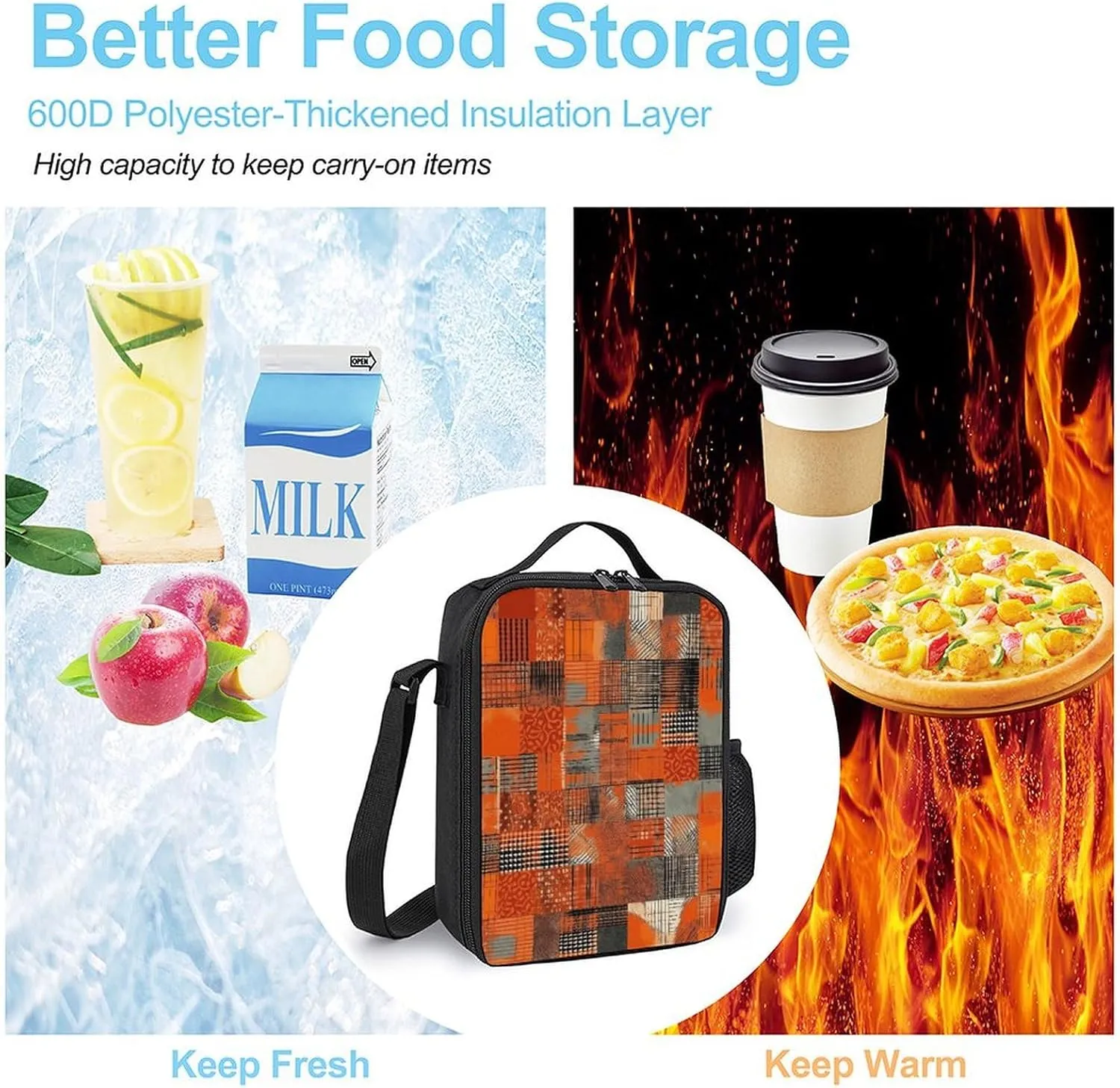 Lunch Bag for Women Men Lunch Box Reusable Orange Grid Lines Lunch Tote Bag Leakproof Lunch Cooler Bag for Work
