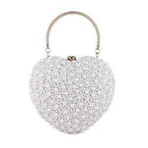 Luxury Metal Handle Pearl Beaded Heart Shaped Clutch Bag - White
