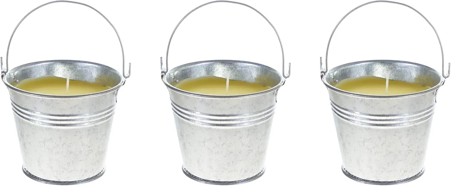 Mega Candles 3 pcs Scented Metal Tin Bucket Citronella Candles, Hand Poured Wax Candle 2.5 Inch x 2.75 Inch, Great for Indoor Outdoor Use, Camping, Campsite, Parties, Barbecues BBQ, Picnics