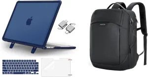 MOSISO 15.6-16 inch Laptop Backpack with USB Port&Front Pocket&Compatible with MacBook Air 13 inch Case M4 M3 M2, Heavy Duty Case with Kickstand&Keyboard Cover&Screen Film&Type C, Navy Blue&Black