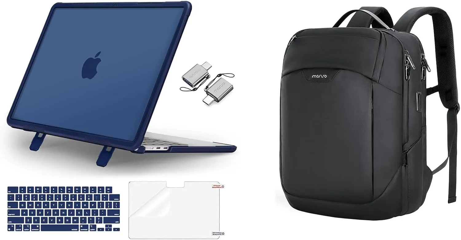 MOSISO 15.6-16 inch Laptop Backpack with USB Port&Front Pocket&Compatible with MacBook Air 13 inch Case M4 M3 M2, Heavy Duty Case with Kickstand&Keyboard Cover&Screen Film&Type C, Navy Blue&Black