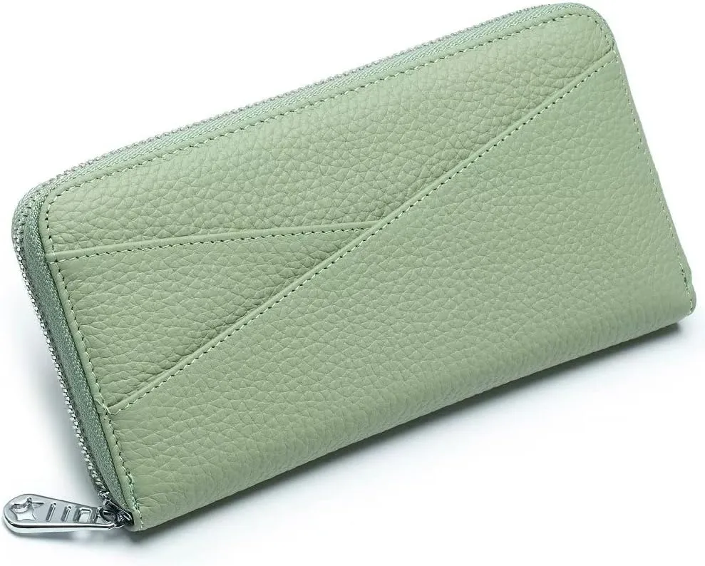 Mudono Women's Wallet Genuine Leather RFID Blocking Credit Card Case Elegant Clutch Purse Travel Phone Wallet with ID Window