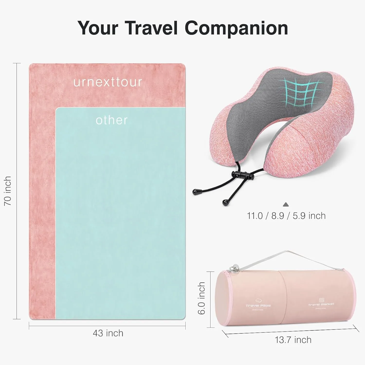 Neck Pillow and Blanket Set Travel Pillows Travel Essentials for Airplane Pink