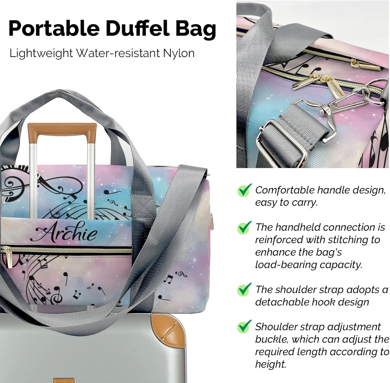 Personalized Duffel Bag Music Notes Galaxy Customized Multi-Function Travel Bag Gym Sports Bag Dance Bag Women Men Carry On Weekend Bags