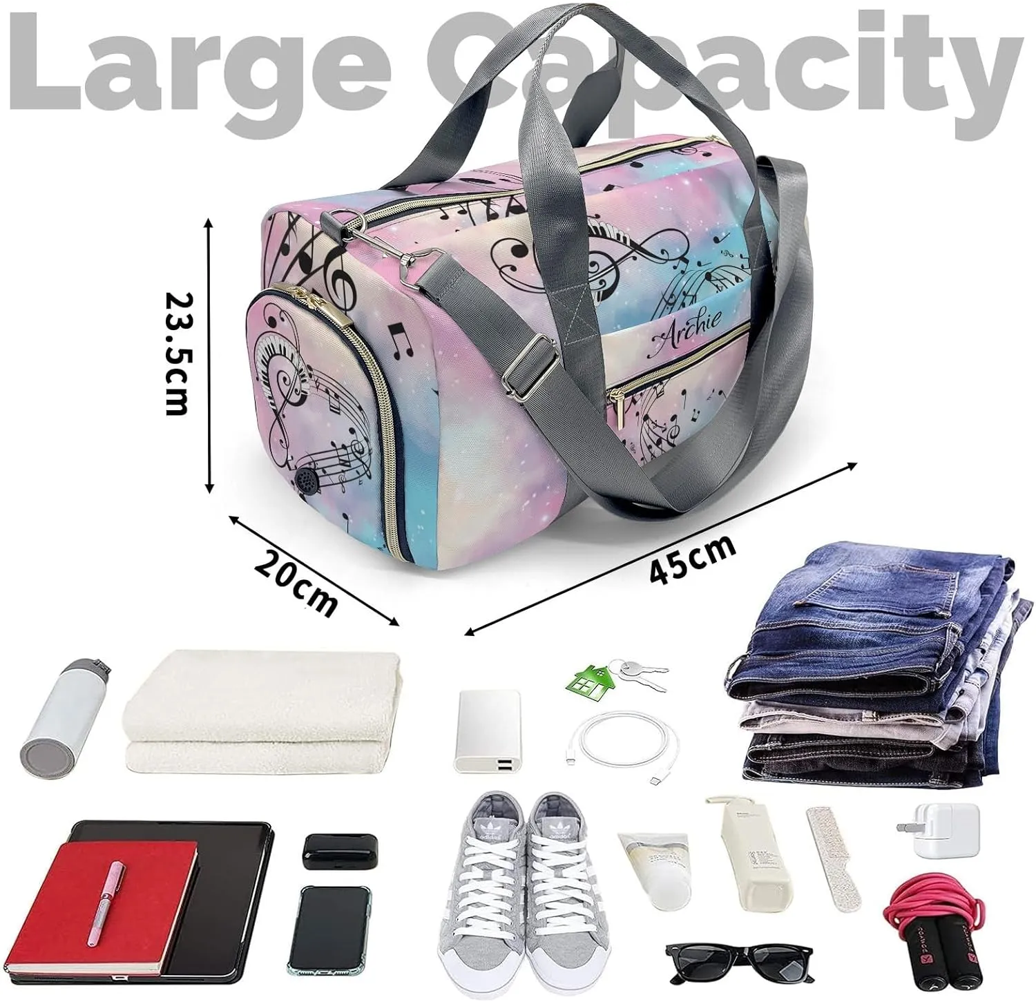 Personalized Duffel Bag Music Notes Galaxy Customized Multi-Function Travel Bag Gym Sports Bag Dance Bag Women Men Carry On Weekend Bags