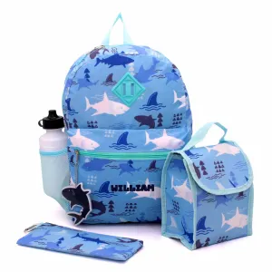 Personalized Shark Backpack with bonus lunch bag, pencil case, water bottle, keychain, and carabiner clip