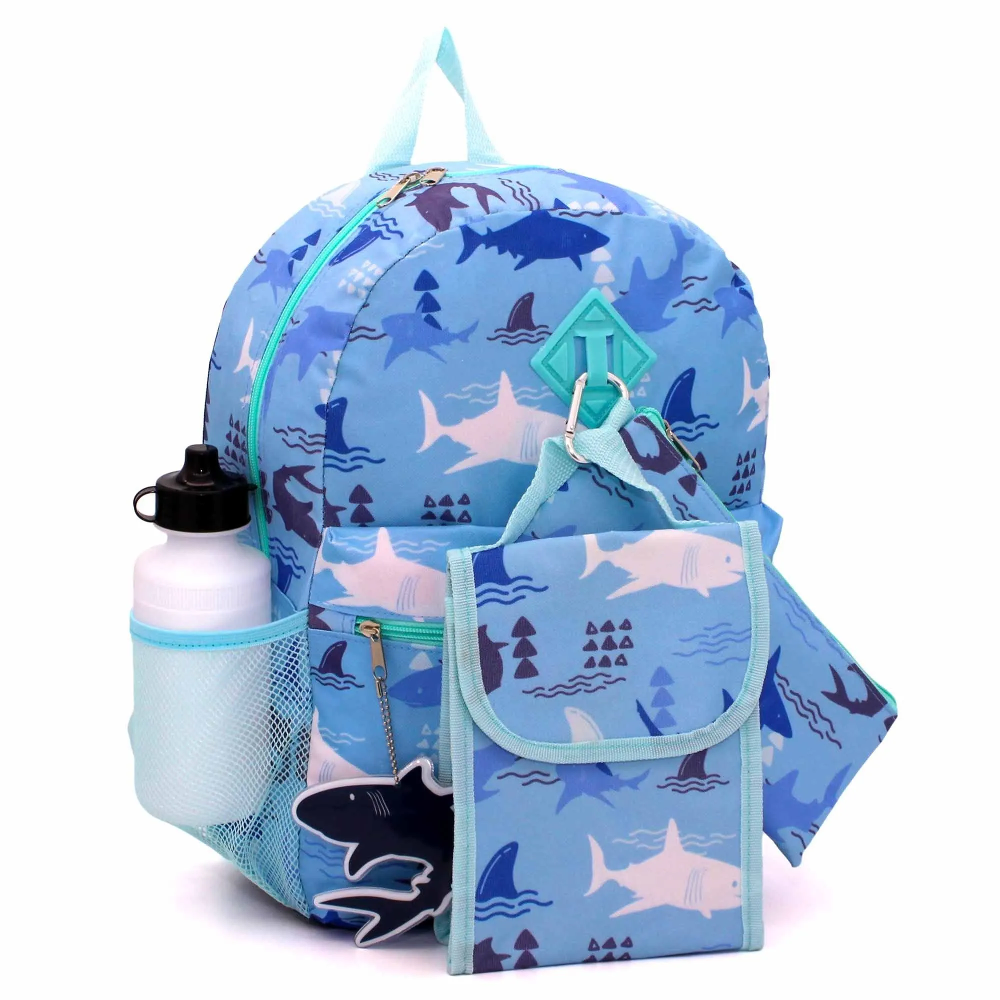 Personalized Shark Backpack with bonus lunch bag, pencil case, water bottle, keychain, and carabiner clip