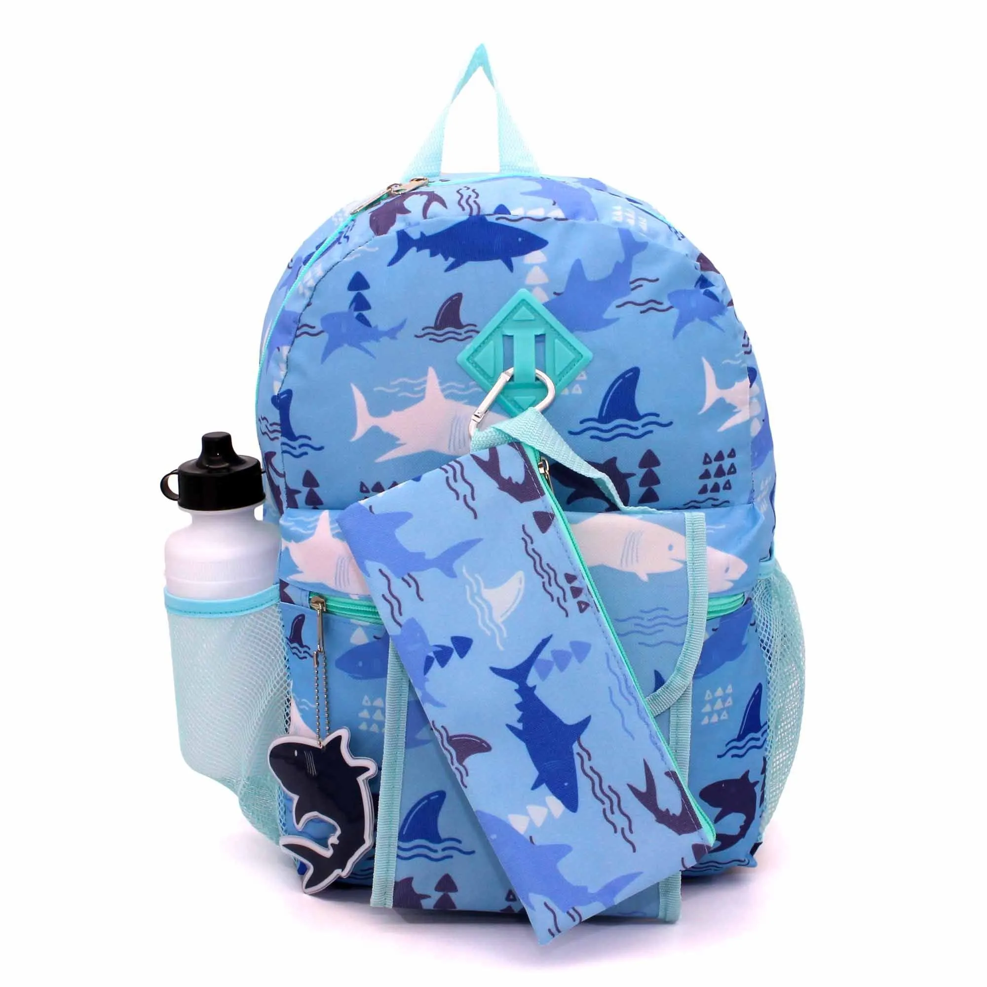 Personalized Shark Backpack with bonus lunch bag, pencil case, water bottle, keychain, and carabiner clip