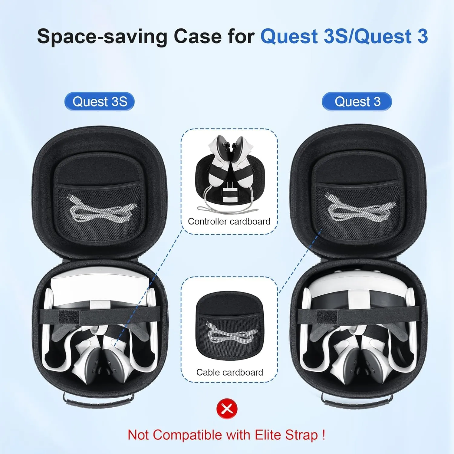Portable Mini Carrying Case for Meta Quest 3S/Quest 3/Vision Pro, Hard Travel Case Compatible with Original Head Strap, Controllers and Accessories, Hard Shell Bag for Effective Protection, Black