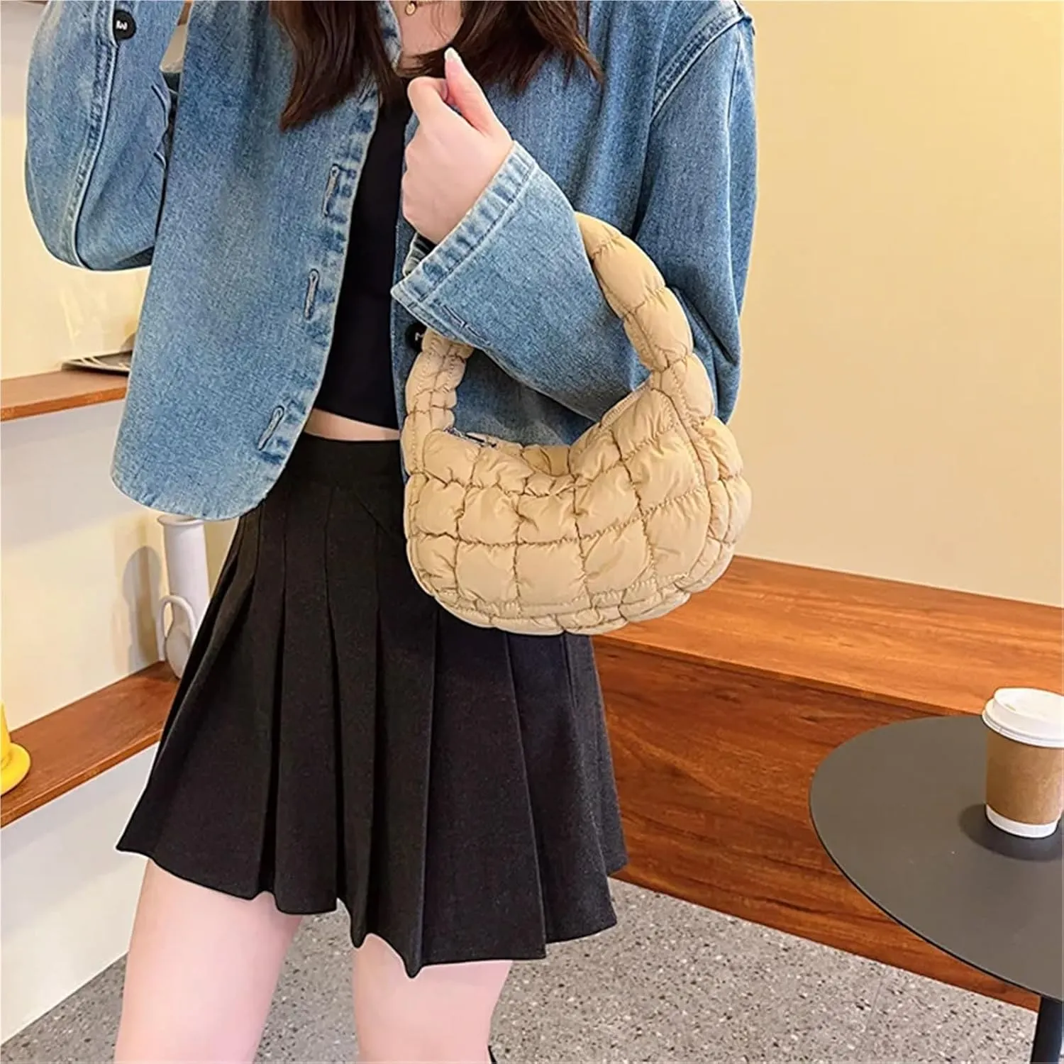 Puffer Tote Bag Fashion Quilted Shoulder Bags For Women Handbag Mini Cloud Pleated Bags Puffer Dumpling Bag(Green)