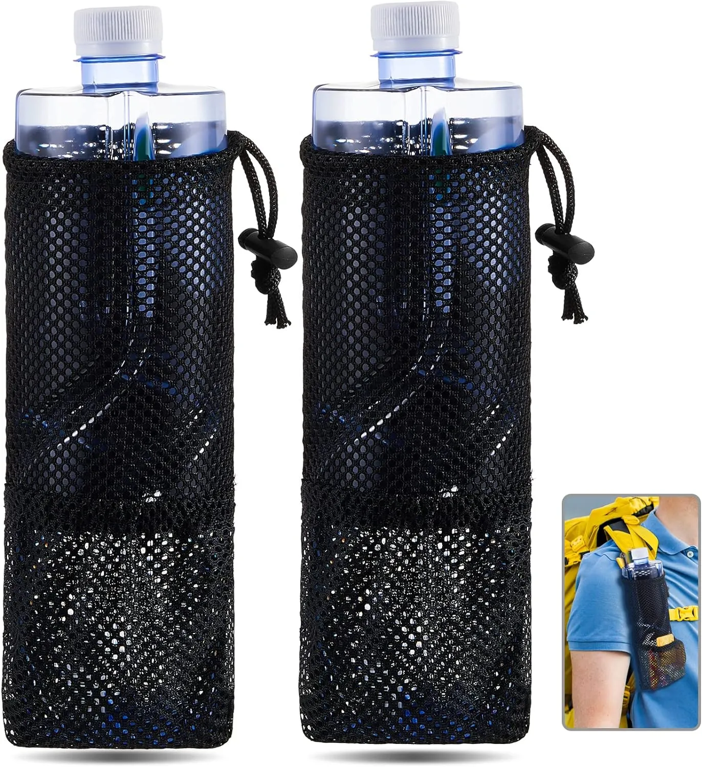 Riakrum 2 Pcs Water Bottle Holder for Backpack Foldable Mesh Water and Snack Holder Adjustable Pouch Tactical Attachments Bottle Carrier for Hiking Bicycle(Black)