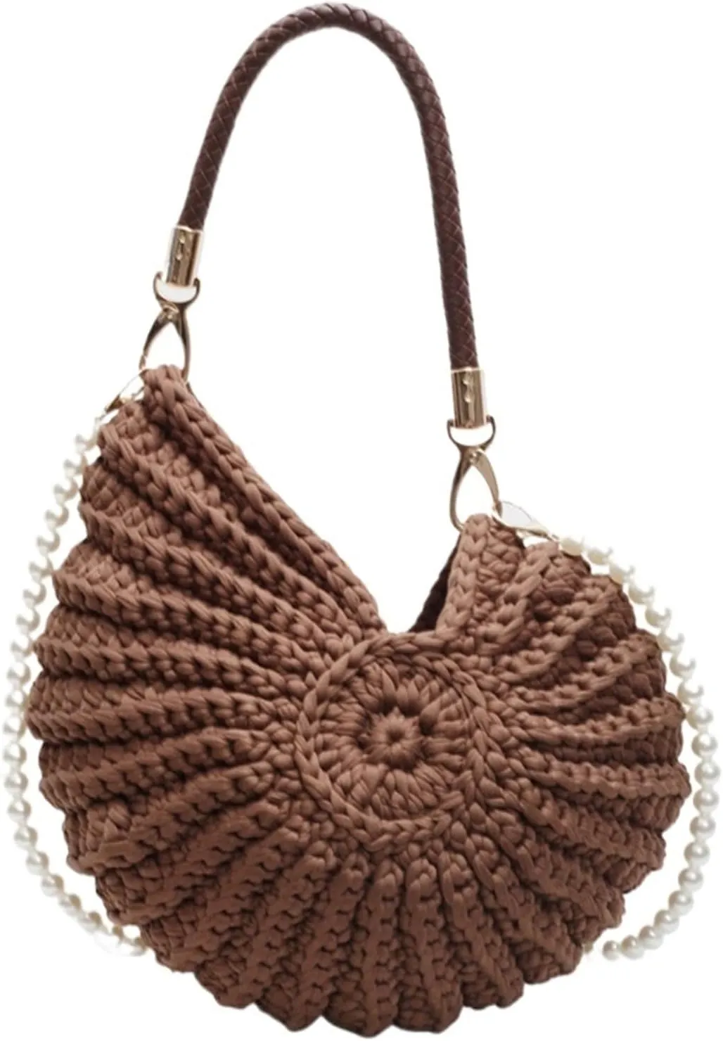Seashell Pearls Chain Crossbody Bag Handwoven Beach Handbags Crochet Conch Shaped Shoulder Bag Vacation Seaside Weave bag