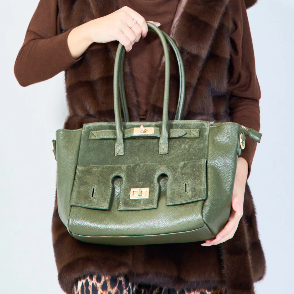 Structured leather tote bags with lock detail wholesale