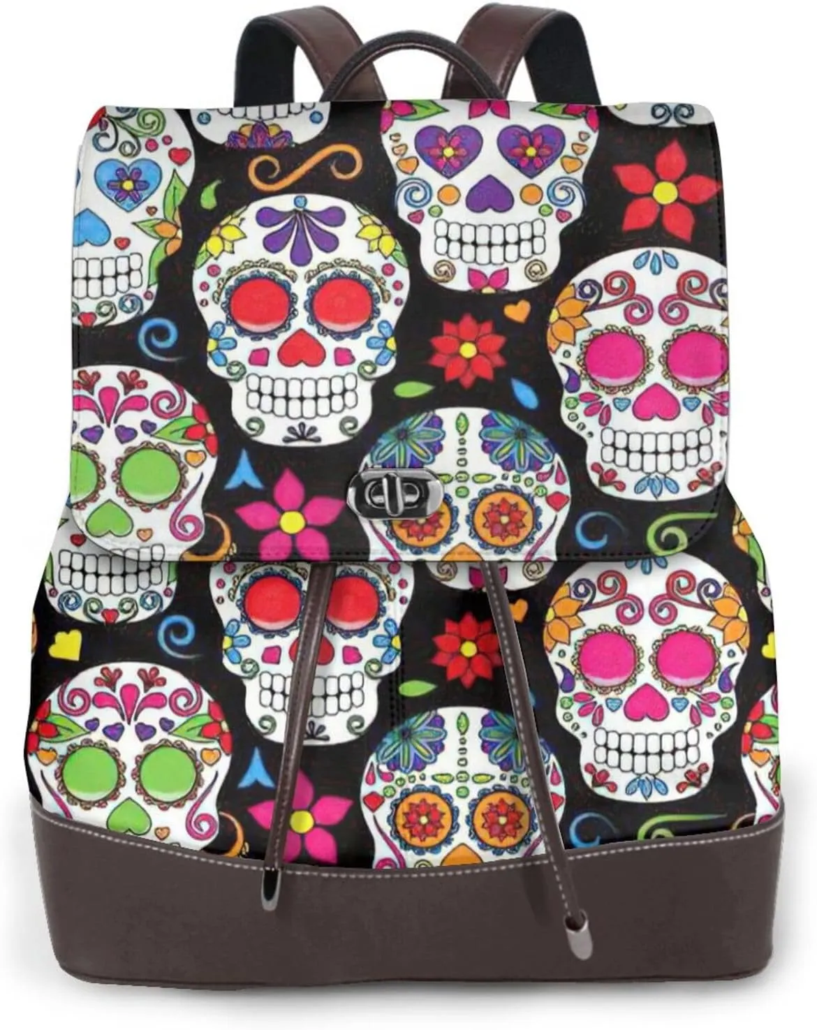 Sugar Skulls Print Women's PU Leather Backpack, Fashion, Work, Journey Daily Use - Chestnut Brown