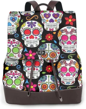 Sugar Skulls Print Women's PU Leather Backpack, Fashion, Work, Journey Daily Use - Chestnut Brown