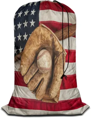 Swono American Flag Large Laundry Bag Washable Large Dirty Clothes, Vintage Baseball Bat Glove Sports Drawstring Organizer Bag, Fit Hamper Basket Camp Travel Home Home Dorm, Patriotic